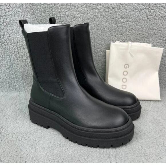 Good American Black Faux Leather Chelsea Lug Sole Pull On Combat Boots 11 NEW - Picture 4 of 10